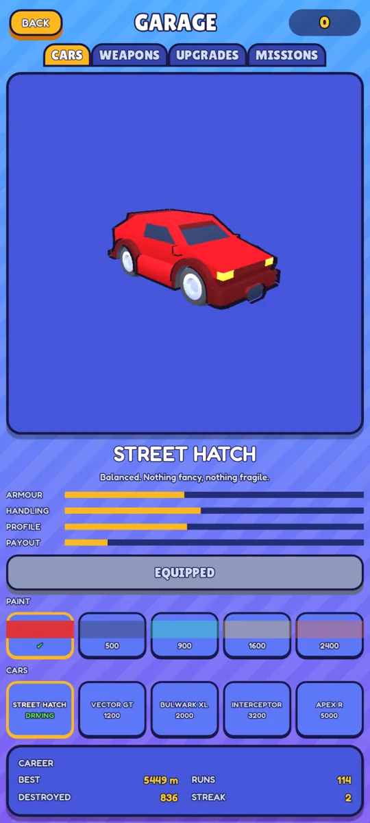 The garage, where you buy cars and upgrades
